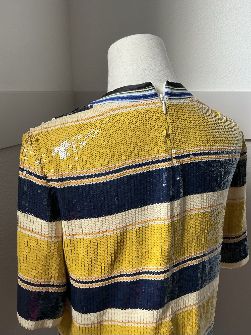 3.1 Phillip Lim Yellow, Navy & Cream Sequin Stripe Short Sleeve Top - Picture 7 of 9